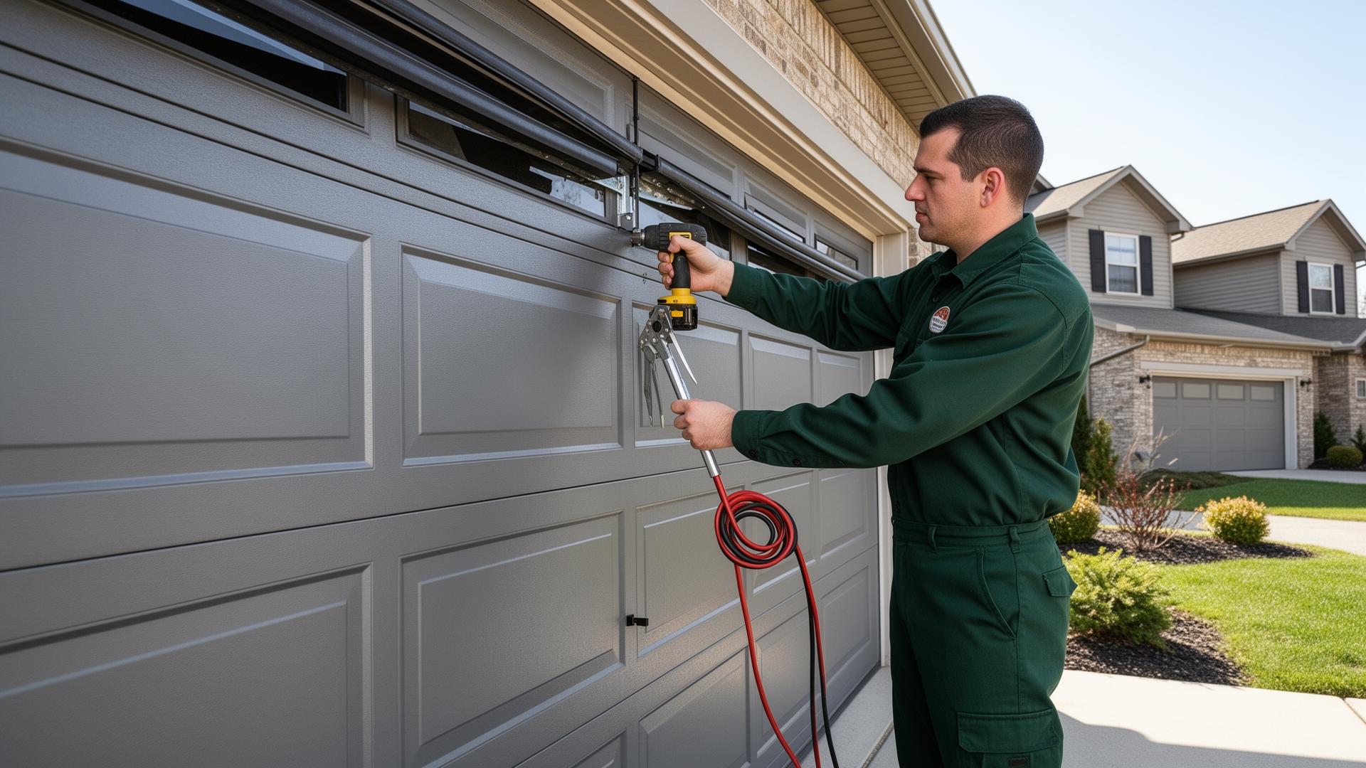 Professional garage door technician working on aluminum door